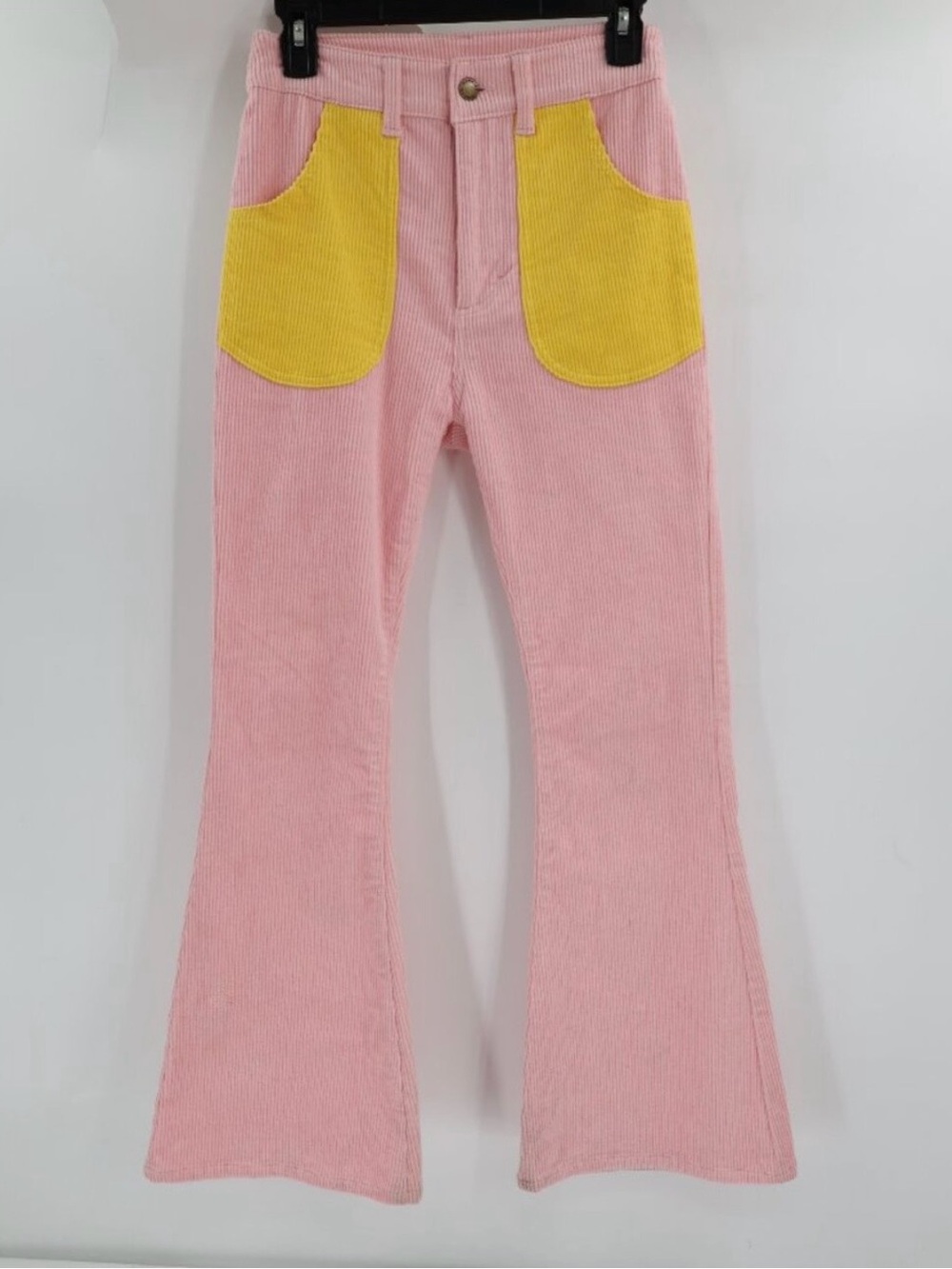 Pink Corduroy Boot-Cut Pants with Yellow Patch Pockets